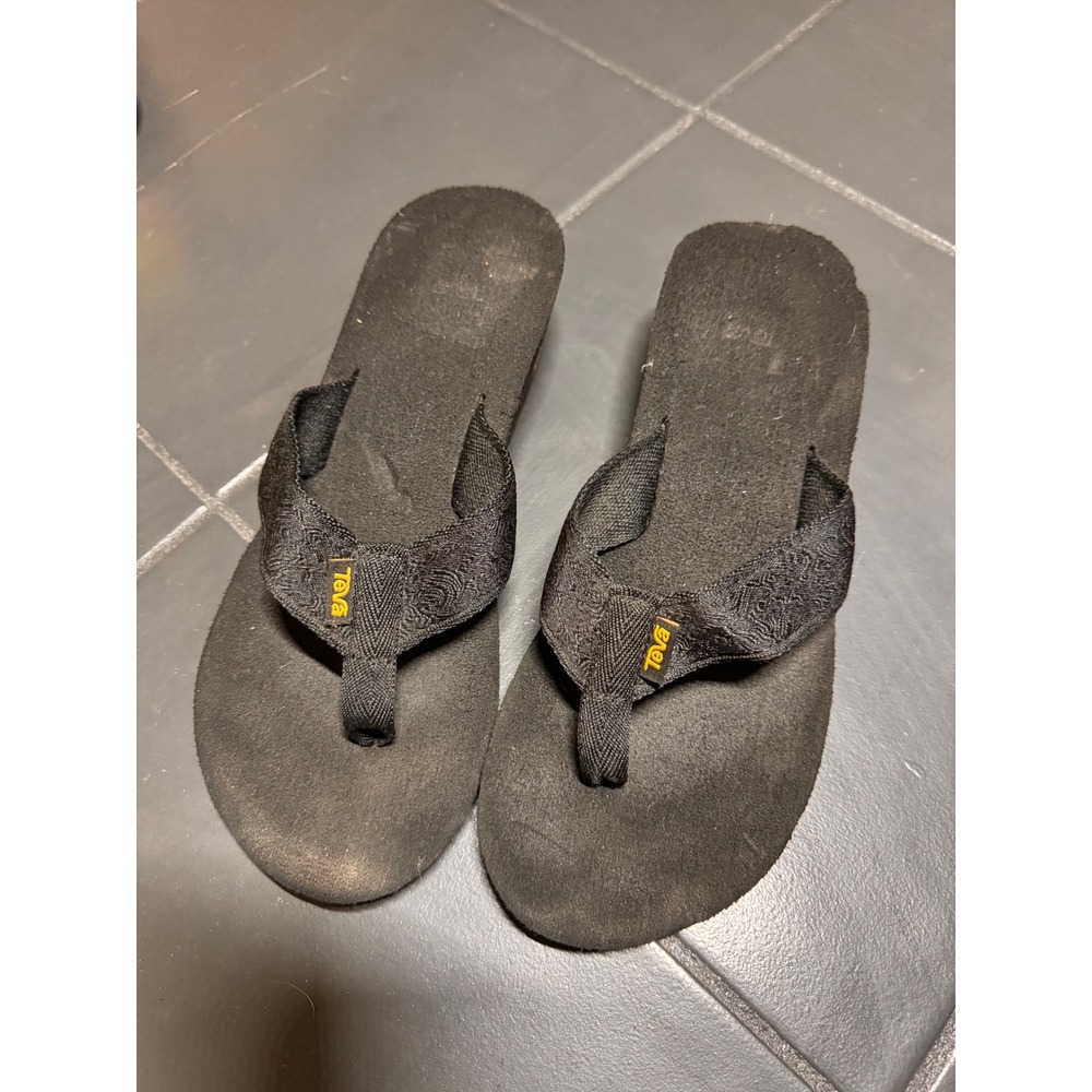 Teva Black Suede Flip Flop Sandals with Yellow Logo